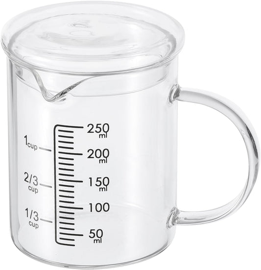 Patikil 250ml Glass Measuring Cup, 3.3 Borosilicate Graduated Black Printed Scale Liquid Measure Cups Beaker with Glass Lid and V-Shaped Spout for Kitchen
