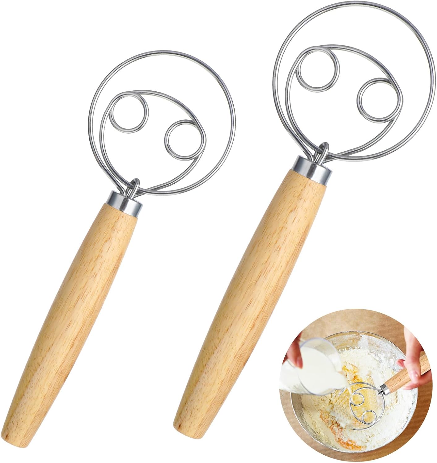 2 PCS Bread Wisk, Oak Handle Danish Wisk, Stainless Steel Dough Whisk, Bread Mixer Tool for Sourdough, Flour Paste, Butter, Pancake, Pizza, Cake, Pastry, Biscuits