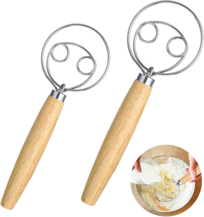 2 PCS Bread Wisk, Oak Handle Danish Wisk, Stainless Steel Dough Whisk, Bread Mixer Tool for Sourdough, Flour Paste, Butter, Pancake, Pizza, Cake, Pastry, Biscuits