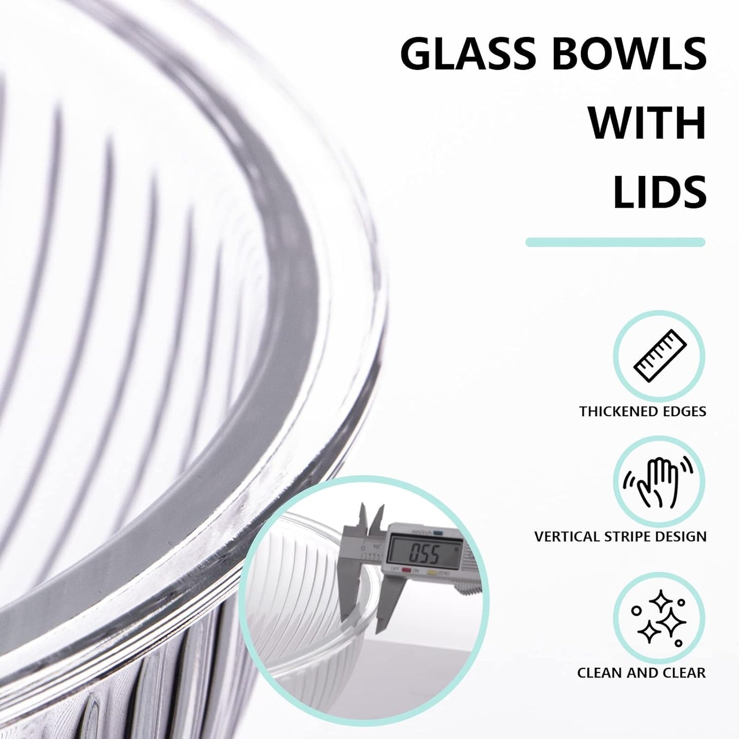 Luvan Glass Mixing Bowls with Lids Set(4.5QT, 2.7QT, 1.1QT)-Large Glass Mixing Bowls, Clear Salad Bowl for Baking, Cooking, Serving, Food Prep, 3PC Nesting Bowls for Kitchen Storage & Dishwasher Safe