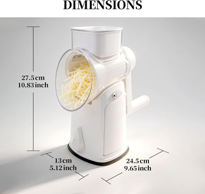 Cheese Grater Hand Crank with Integrated Storage Room, 5 Blades Cheese Grater Rotary with Handle, Potato Shredder, Kitchen Shredder for Vegetable, Fruit, Nut, Non-Slip Suction Base