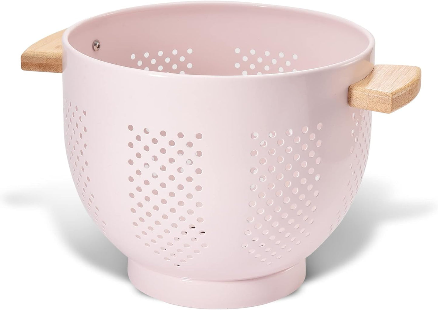 Metal Colander with Wood Handle and Stable Base, 5.5 Quart Powder Coated Steel Kitchen Strainer Basket for Draining Pasta, Vegetable and fruit,Cream