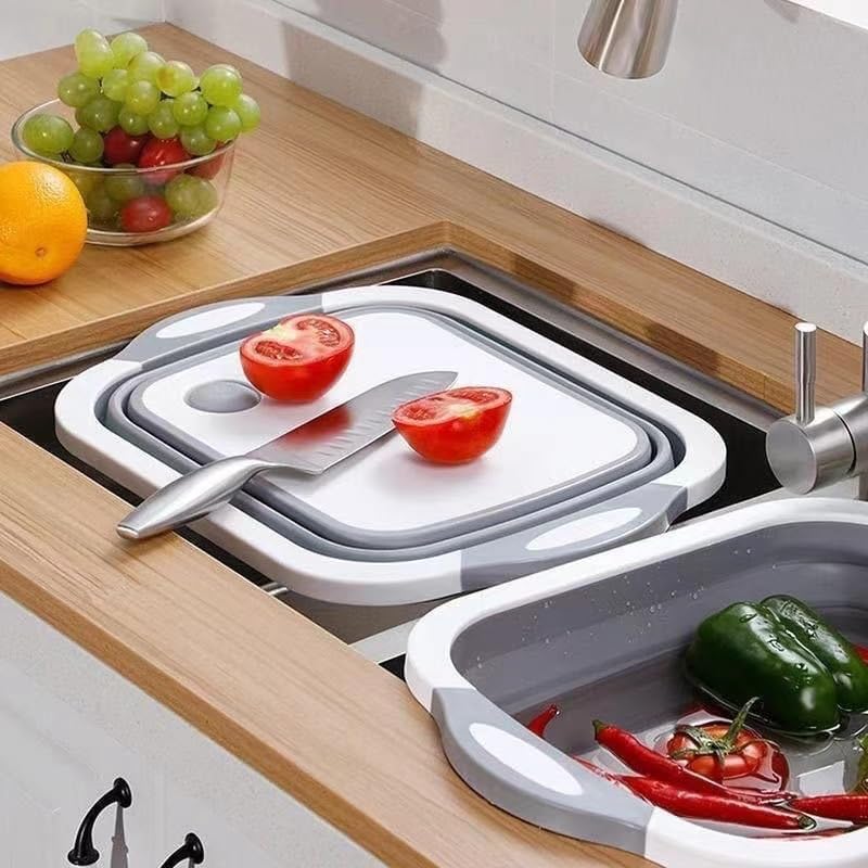 Collapsible Cutting Board & Wash Basin – 3-in-1 Foldable Kitchen Sink with Drain Plug – Portable Dish Tub for Kitchen & Camping