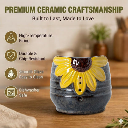 Sunflower Herb Stripper Bowl - 4 Size Holes Ceramic Leaf Stripper Tool for Rosemary Thyme, 3D Sunflower Embossed, Kitchen Gadgets for Cooking & Gardening, Brown Glazed