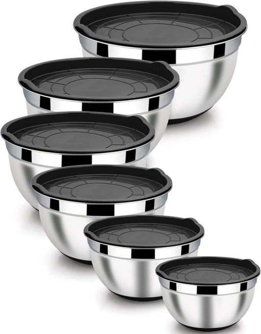 LIANYU Stainless Steel Mixing Bowls Sets of 6, Large 7, 3.5, 2.5, 2, 1.5, 1QT Size with Transparent Airtight Lids, Metal Nesting Serving Bowl Sets for Home Kitchen, Dishwasher & Freezer Safe, Black