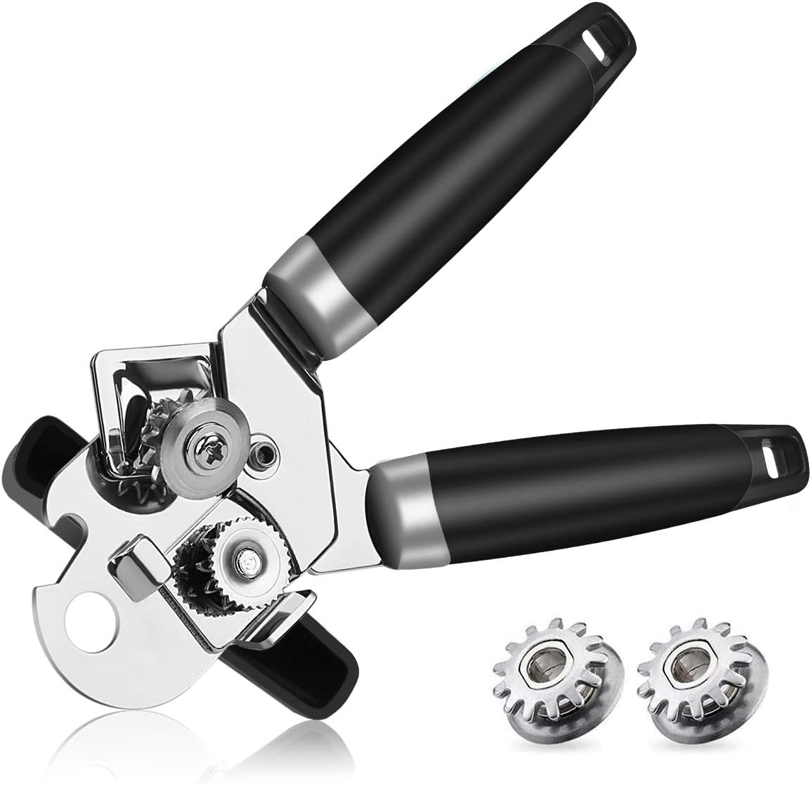 Heavy duty stainless steel manual can opener, sharp blade for smooth cutting edges, easy opening of cans, non-slip ergonomic handle, easy turn knob, built-in bottle opener, painted black