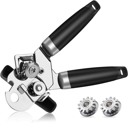 Heavy duty stainless steel manual can opener, sharp blade for smooth cutting edges, easy opening of cans, non-slip ergonomic handle, easy turn knob, built-in bottle opener, painted black