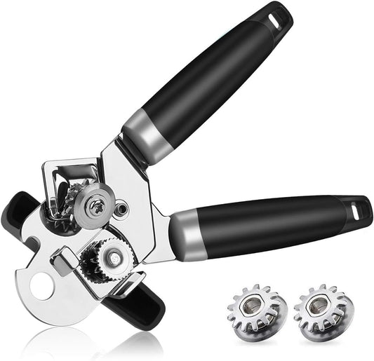 Heavy duty stainless steel manual can opener, sharp blade for smooth cutting edges, easy opening of cans, non-slip ergonomic handle, easy turn knob, built-in bottle opener, painted black