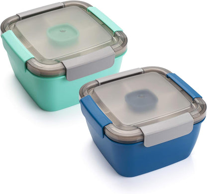 Freshmage Salad Lunch Containers To Go, 2 Pack 52-oz Bowls with 3 Compartments, Dressing Containers for Toppings, Snacks - Pink & Green