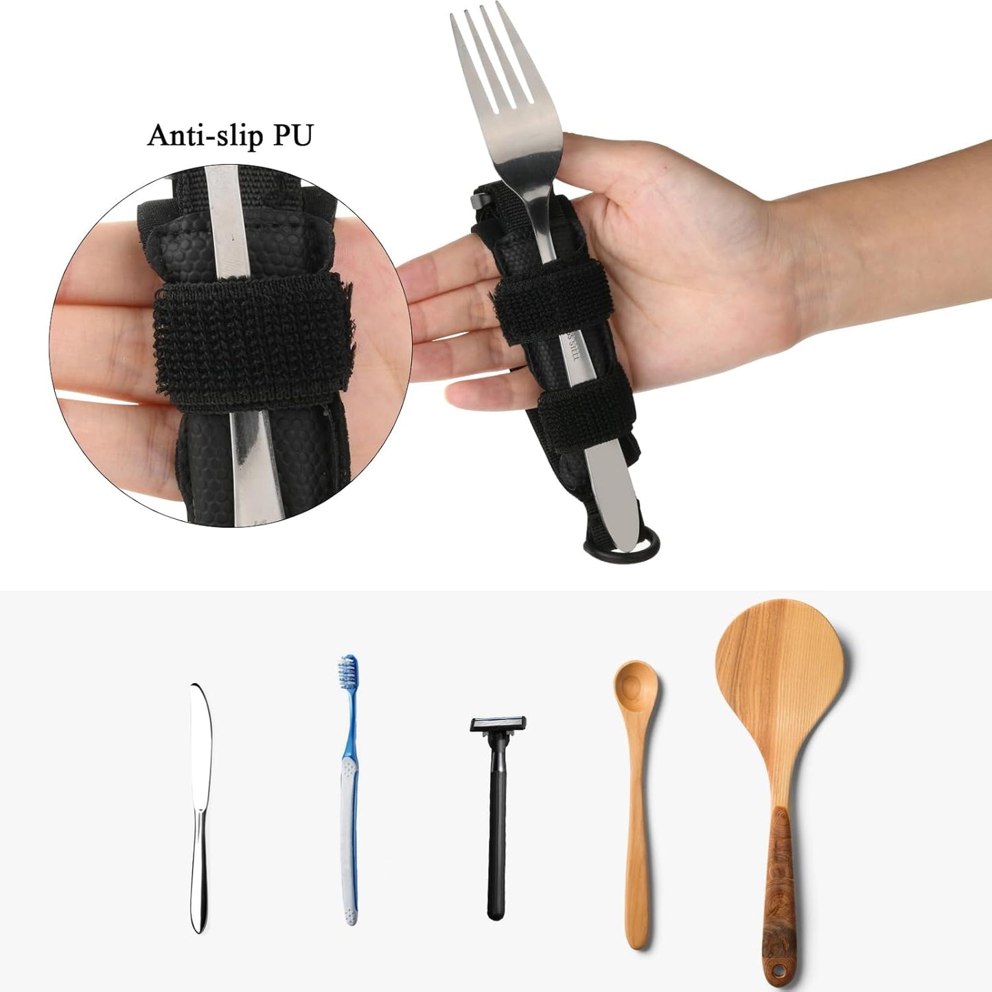 Beautyflier Spoon Fork Universal Cuff Utensil Adjustable Holder Strap for Holding Cutlery, Pens, Toothbrushes for Elderly or Individuals with Weak Grip (Black, Large Size)
