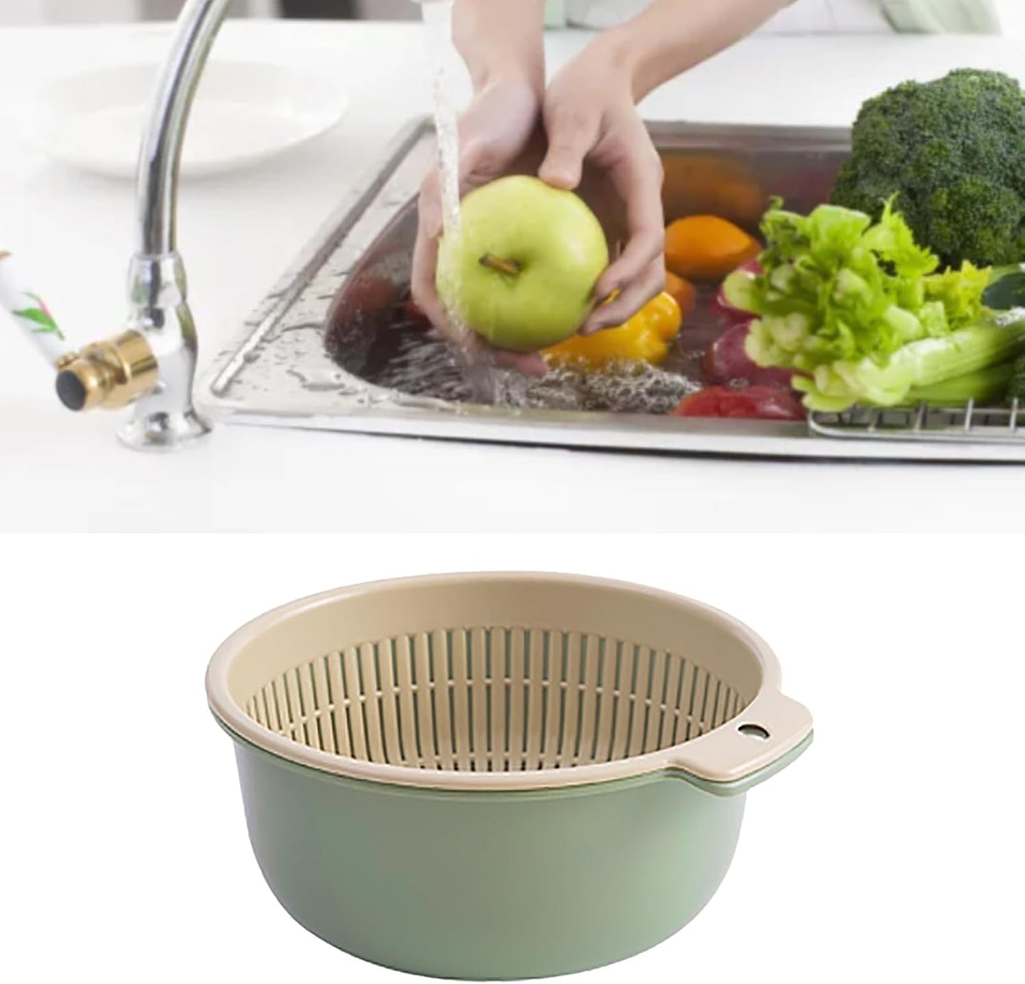 Fruits Vegetables Washing Basket, Double Layer Drain Basket Set for Kitchen Strainer Colander Bowl Cleaning Washing Mixing for Food Fruit Vegetables Pasta Spaghetti（Green）
