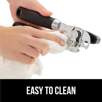 Gorilla Grip Manual Handheld Strong Can Opener, Sharp Cutting Wheel for Smooth Edge Cut, Oversized Easy to Use Turn Knob, Comfortable Soft Handle, Includes Built in Bottle Opener, Salt Gray