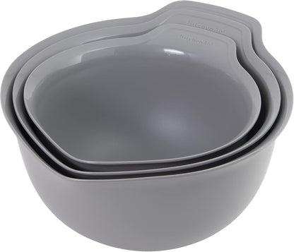 KitchenAid Universal Nesting Plastic Mixing Bowls, Set Of 3, 2.5 quart, 3.5 quart, 4.5 quart, Non Slip Base with Easy Pour Spout to Reduce Mess, Dishwasher Safe, Aqua Sky, White, Gray