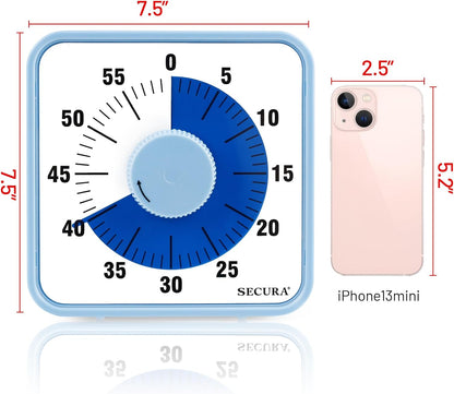 Secura 60-Minute Visual Countdown Timer, 7.5-Inch Oversize Classroom Visual Timer for Kids and Adults, Durable Mechanical Kitchen Timer Clock with Magnetic Backing (Blue)