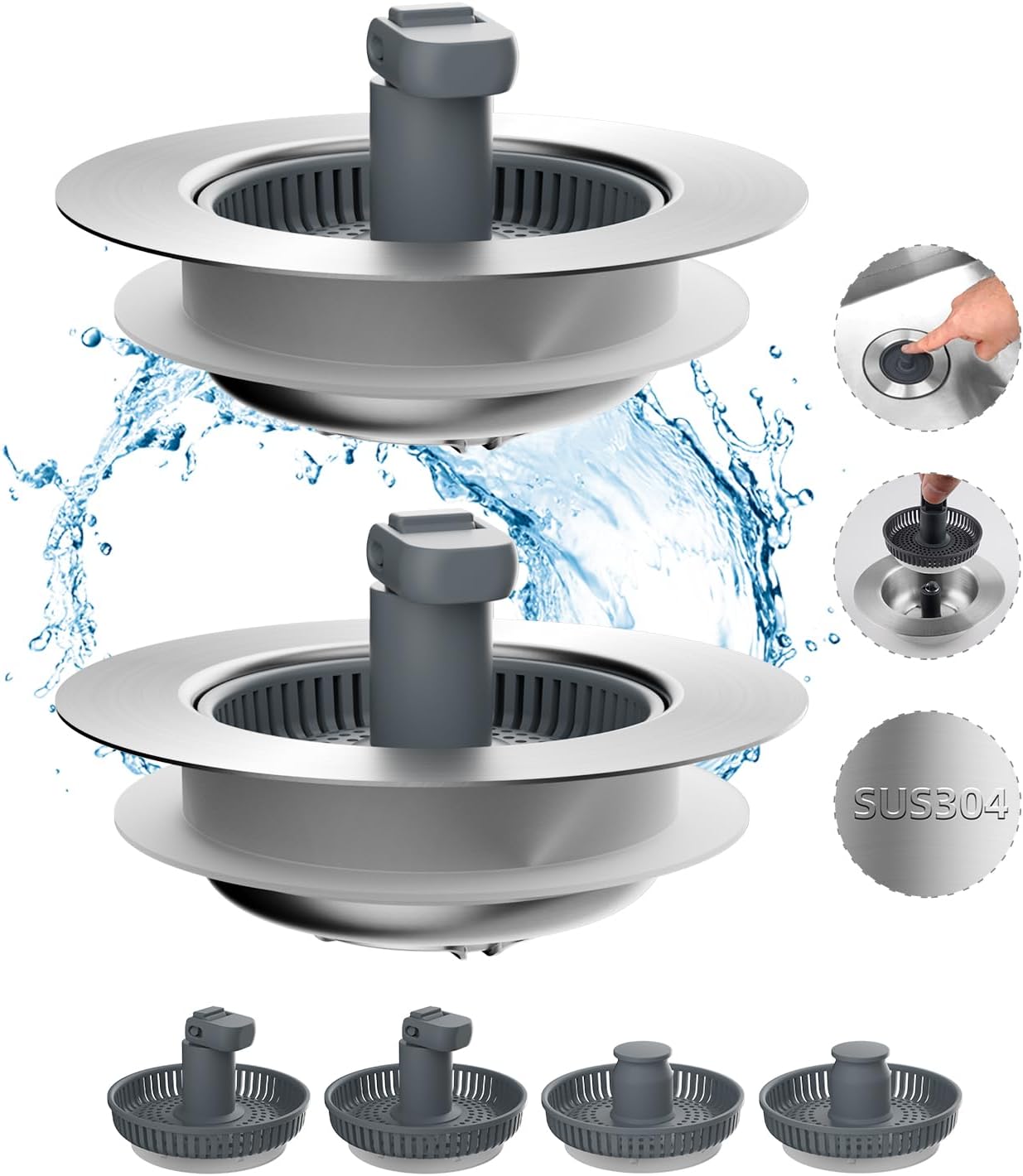 Hibbent Upgraded 3 in 1 Kitchen Sink Drain Strainer and Stopper Combo, Stainless Steel Metal Pop Up Sink Stopper, Anti-Clogging Basket with Foldable Handle for US Standard 3-1/2 Inch Drain