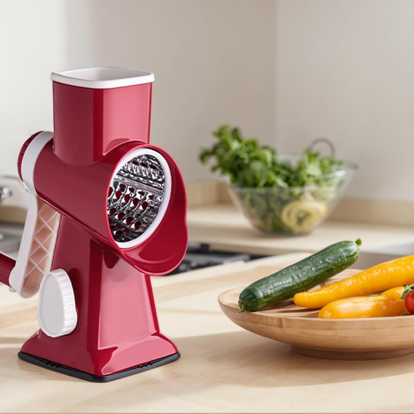 HANSGO Rotary Cheese Grater Hand Crank, Shredder Slicer Grinder, 3 Large Diameter Metal Blades & Cleaning Brush, Non-slip Suction Base, Labor-Saving Handle, Kitchen Gadgets for Cheese, Vegetable, Nuts