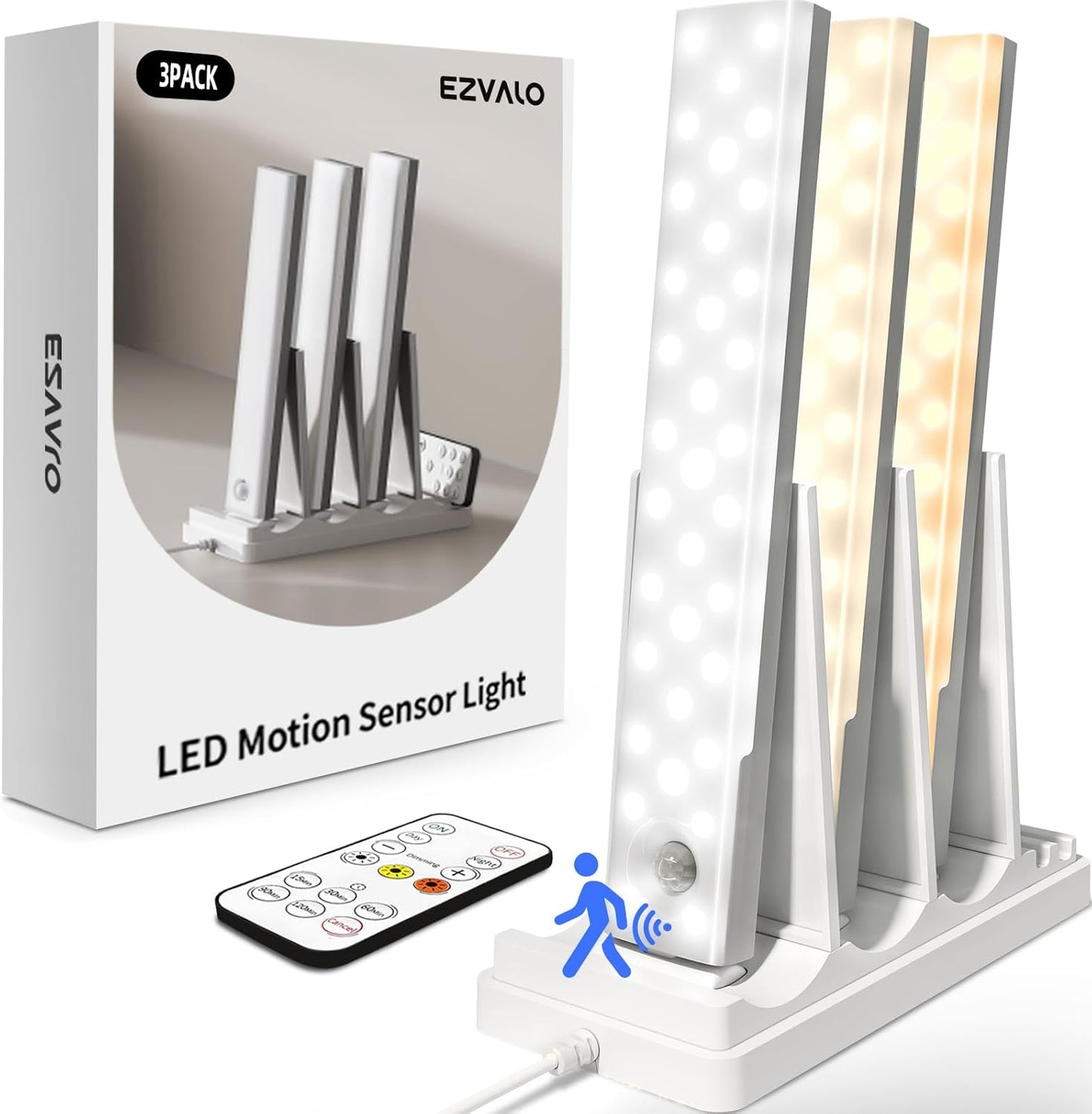 EZVALO 3-Pack Under Cabinet Lighting, 2000mAh Rechargeable Wireless Motion Sensor Lights, 62LEDs, 3 Color Temps, Dimmable, Timer, Magnetic, with Remote Control for Kitchen, Closet, Stair