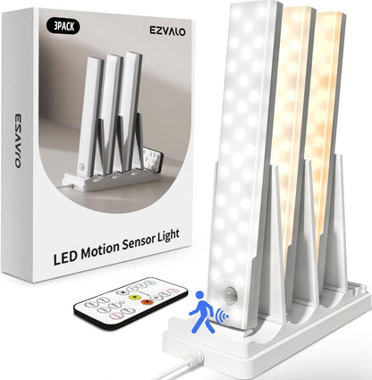 EZVALO 3-Pack Under Cabinet Lighting, 2000mAh Rechargeable Wireless Motion Sensor Lights, 62LEDs, 3 Color Temps, Dimmable, Timer, Magnetic, with Remote Control for Kitchen, Closet, Stair