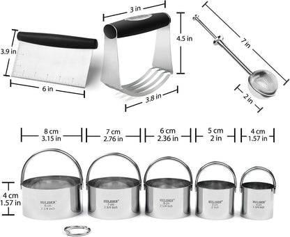 HULISEN Stainless Steel Biscuit Cutter Set, Pastry Scraper and Dough Blender, Sturdy & Long-Lasting with Ergonomic Rubber Grip, Professional Baking Dough Tools, Gift Package (3 Pcs/Set)