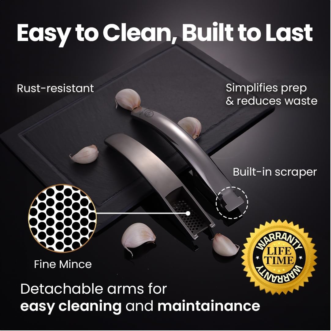 No Peeling Required Garlic Press Stainless Steel with Detachable Handle for Fine Mincing-Premium Garlic Mincer Tool, Rust-Proof, Easy to Clean, Dishwasher Safe Garlic Crusher with Lifetime Replacement