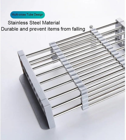 Adjustable Dish Drying Rack with Stainless Steel Drain Basket Over-The-Sink - Portable & Telescopic Space-Saving Solution for Fruit Vegetable