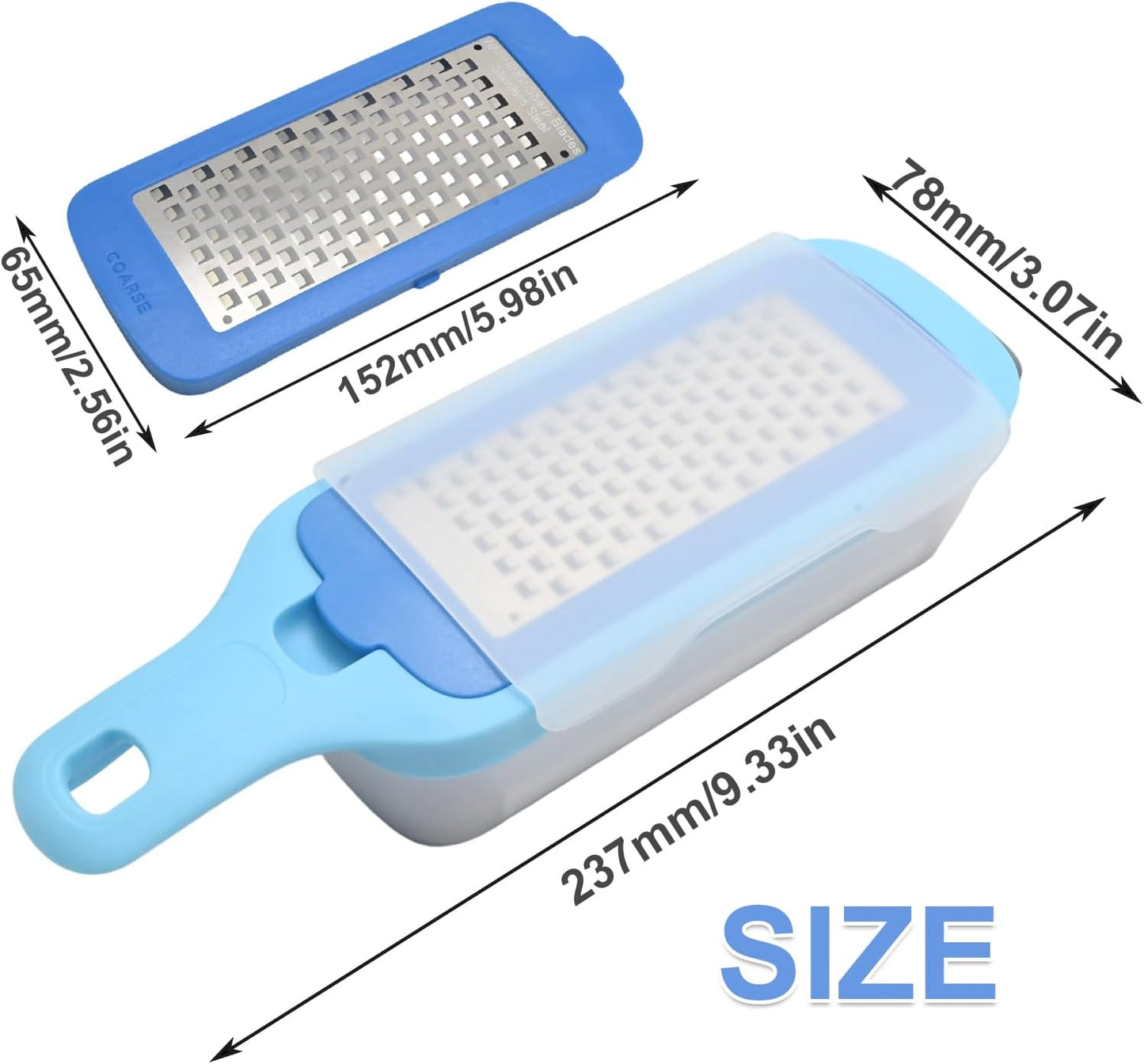 Hoypeyfiy Interchangeable Grater with Storage Box, Cheese Grater Kit Includes Coarse & Fine Stainless Steel Blades for Kitchen, Non-Slip Base for Stability