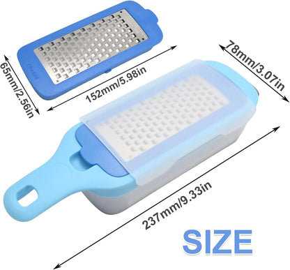 Hoypeyfiy Interchangeable Grater with Storage Box, Cheese Grater Kit Includes Coarse & Fine Stainless Steel Blades for Kitchen, Non-Slip Base for Stability