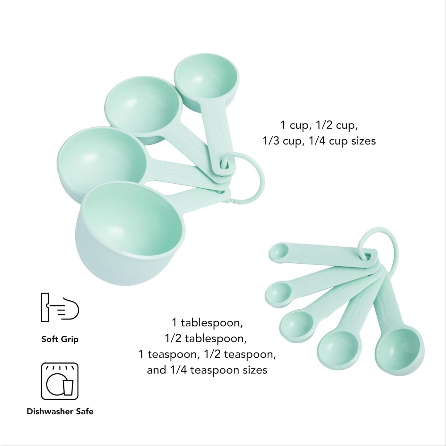 KitchenAid Universal Easy To Read Measuring Cup and Spoon Set with Soft Grip Handle for Maximum Control, Hang Hole and Nesting For Easy Storage, Dishwasher Safe, 9 Piece, Pistachio