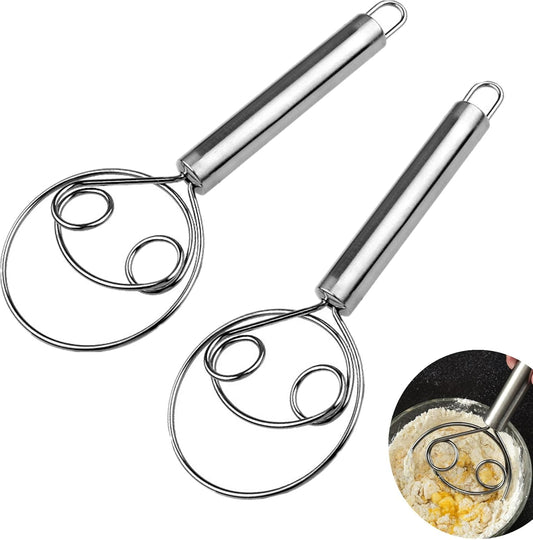 2 Pack Dough Whisk Stainless Steel Pastry Blender Whisks for Cooking, Dutch Style Bread Whisk Dough Mixer Hand Tool for Bread Batter Cake Pastry, Silver