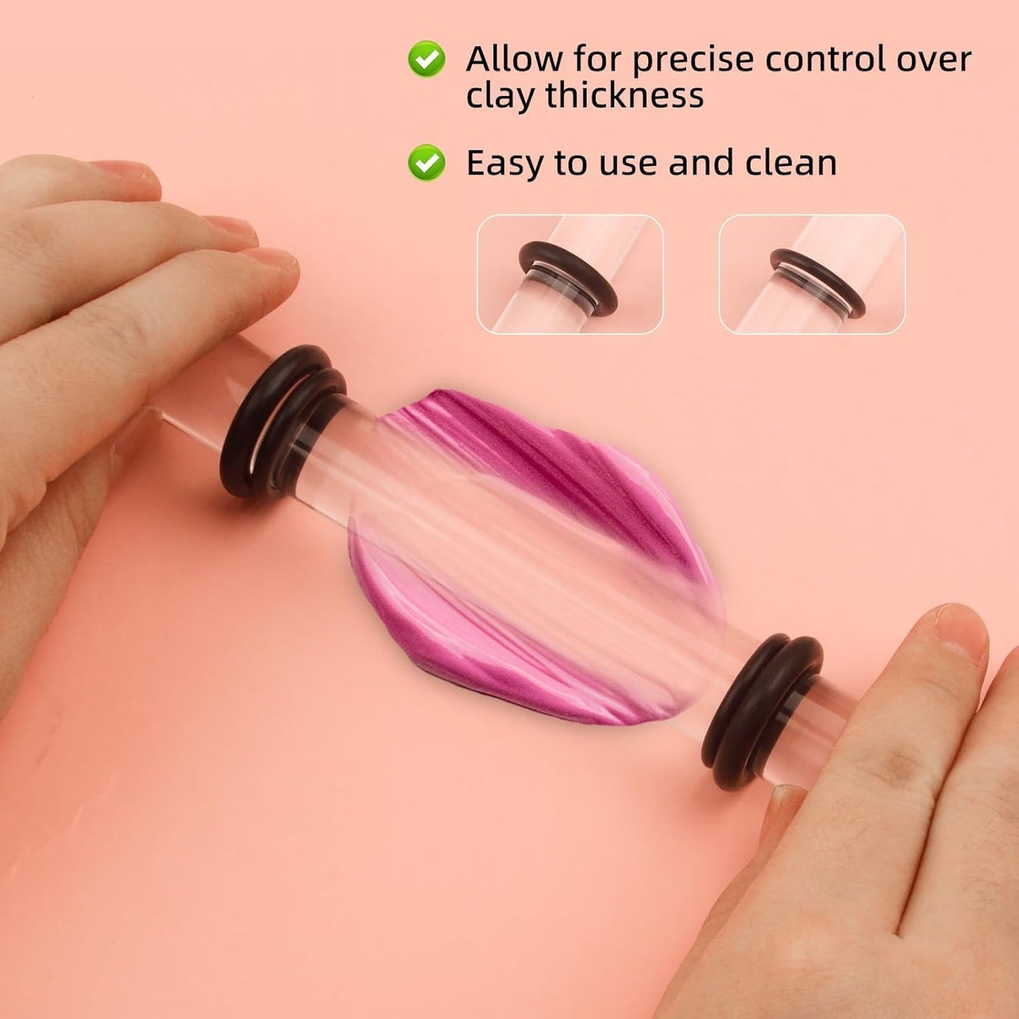 Polymer Clay Roller Kit - 2PCS Acrylic Clay Rolling Pin with 8 Adjustable Thickness Rings & 2 Scrapers, Professional DIY Pottery Tools for Shaping, Sculpting, Jewelry Making, Crafting Supplies