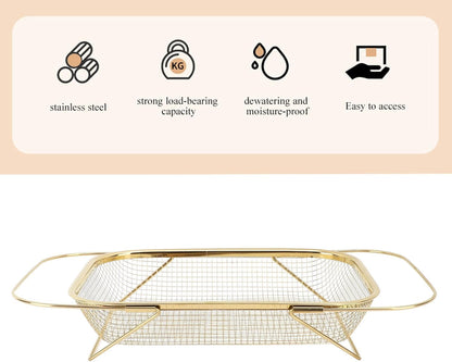 Over The Sink Colander, 4 Quart Stainless Steel Oval Colander with Fine Mesh and Expandable Handle Kitchen Sink Strainer Basket for Fruits Vegetables (Gold)