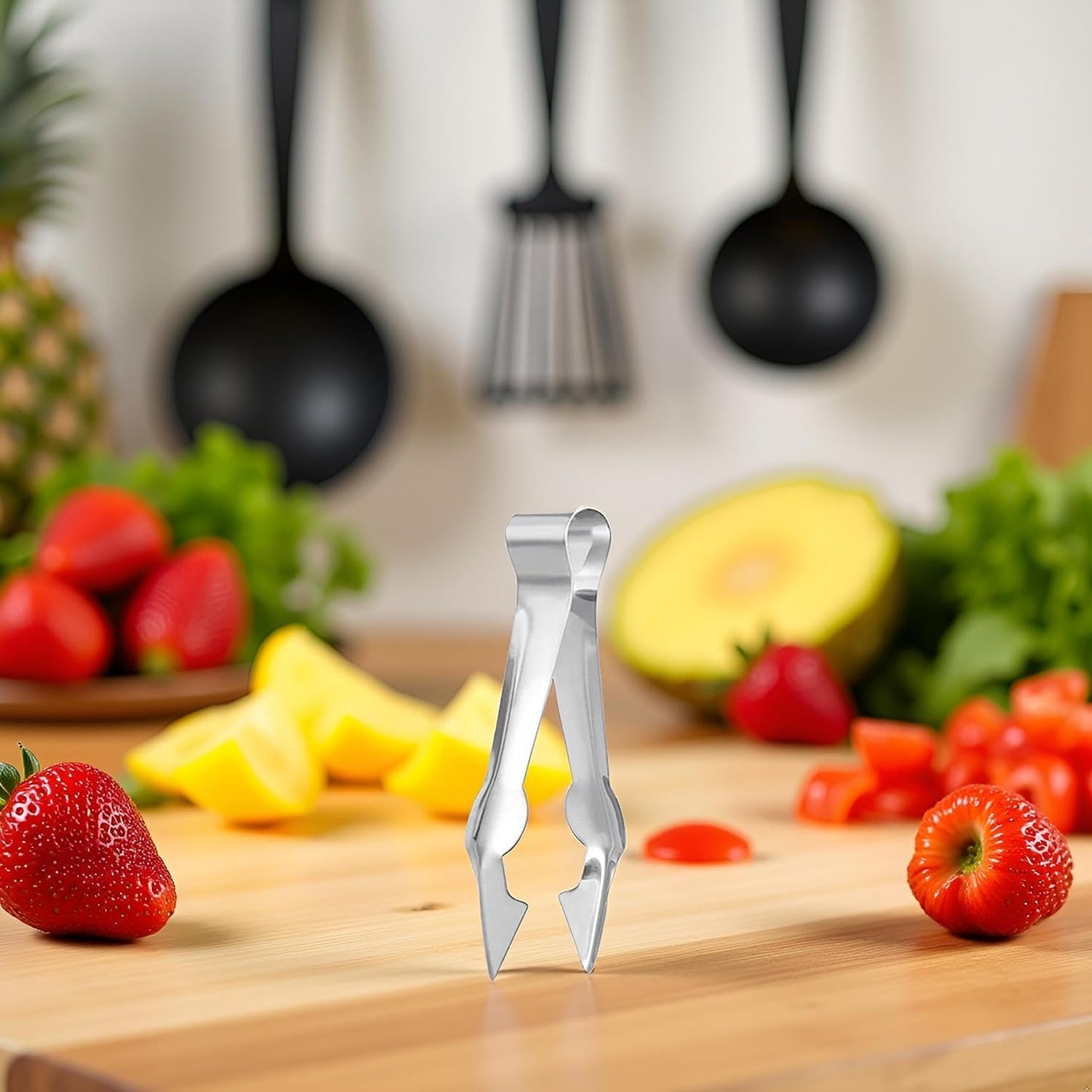 Multi-Functional Fruit and Vegetable Stem Remover Clip, Strawberry Huller, Pineapple Eye Remover, Kitchen Gadget, Silver Stainless Steel Handle