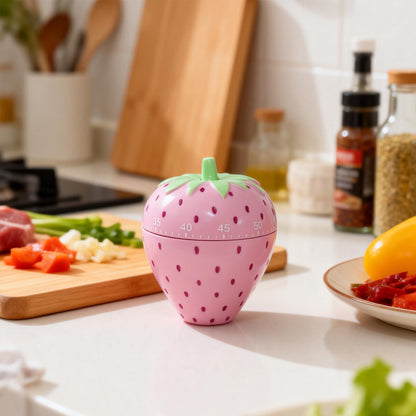 Cute Fruit Cookie Kitchen Timer | Novelty Manual Cooking Alarm | Fun Shaped Mechanical Strawberry Windup for Home Desktop Decor