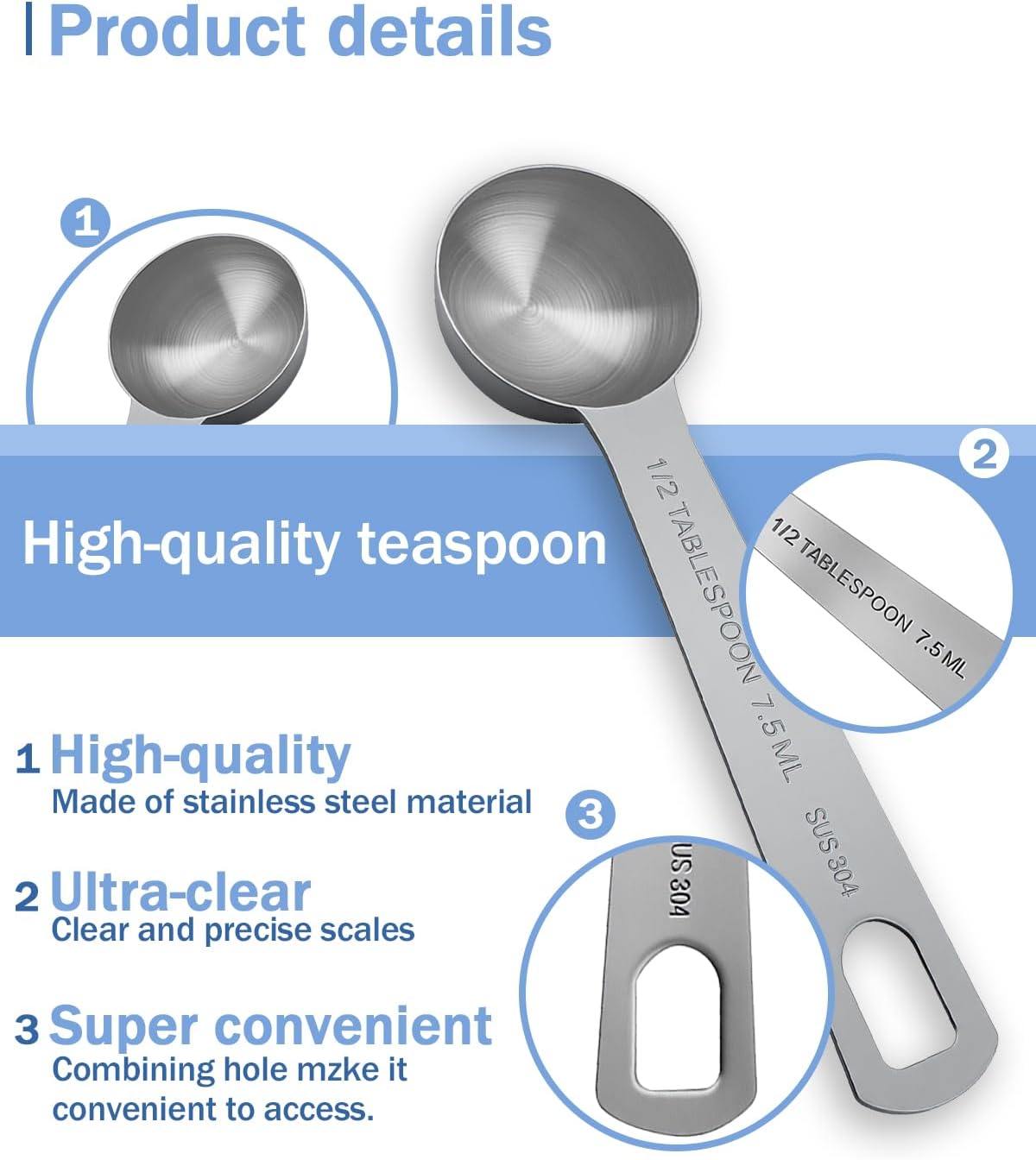 Teaspoon Measuring Spoons, 7.5mL (7.5 cc | 1/4 oz) Stainless Steel Teaspoon Scoop, Long Handle Metal Measuring Spoons for Cooking,Baking (0.25 OZ)