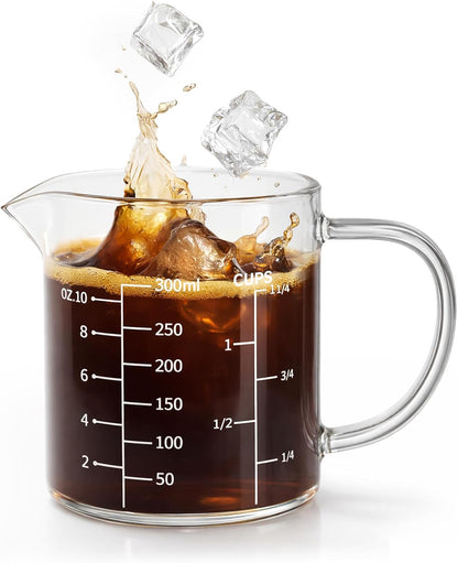 77L Glass Measuring Cup, 300 ML Clear Liquid Measuring Cup with V-Shaped Spout and Three Scales, High Borosilicate Glass Beaker with Handle for Kitchen or Restaurant (0.3 Liter, 1 1/4 Cup)