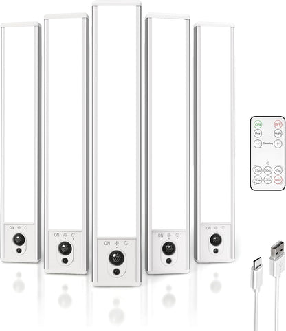 EZVALO 5-Pack Under Cabinet Lighting with Charging Station, 2400mAh Motion Sensor Light, LED Coutner Lights Wireless, 3000K Dimmable, Timer, Magnetic, with Remote Control for Kitchen, Closet, Stair
