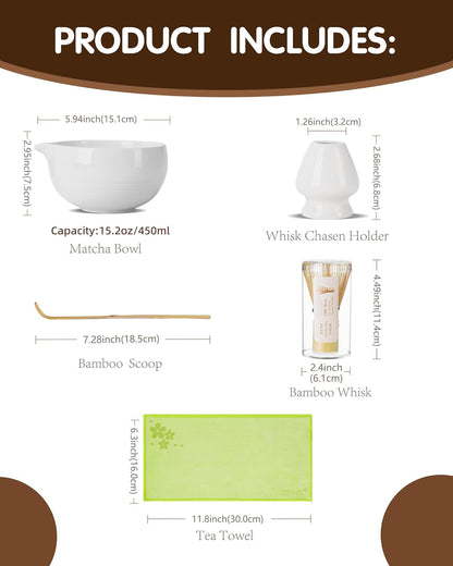 ZENS Pink Matcha Set, Matcha Whisk Set Includes 15oz Ceramic Bowl & (Chasen Holder), Bamboo Whisk & Scoop, Sifter and Pink Tea Towel, 6pcs Matcha Kit for Matcha Lovers