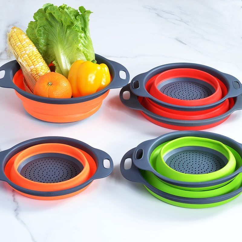 2pcs Collapsible Colander, Round Green Set Folding Silicone strainers for Kitchen, Collapsible Funnel Suitable for Draining Pasta, Vegetables and Fruits, Small