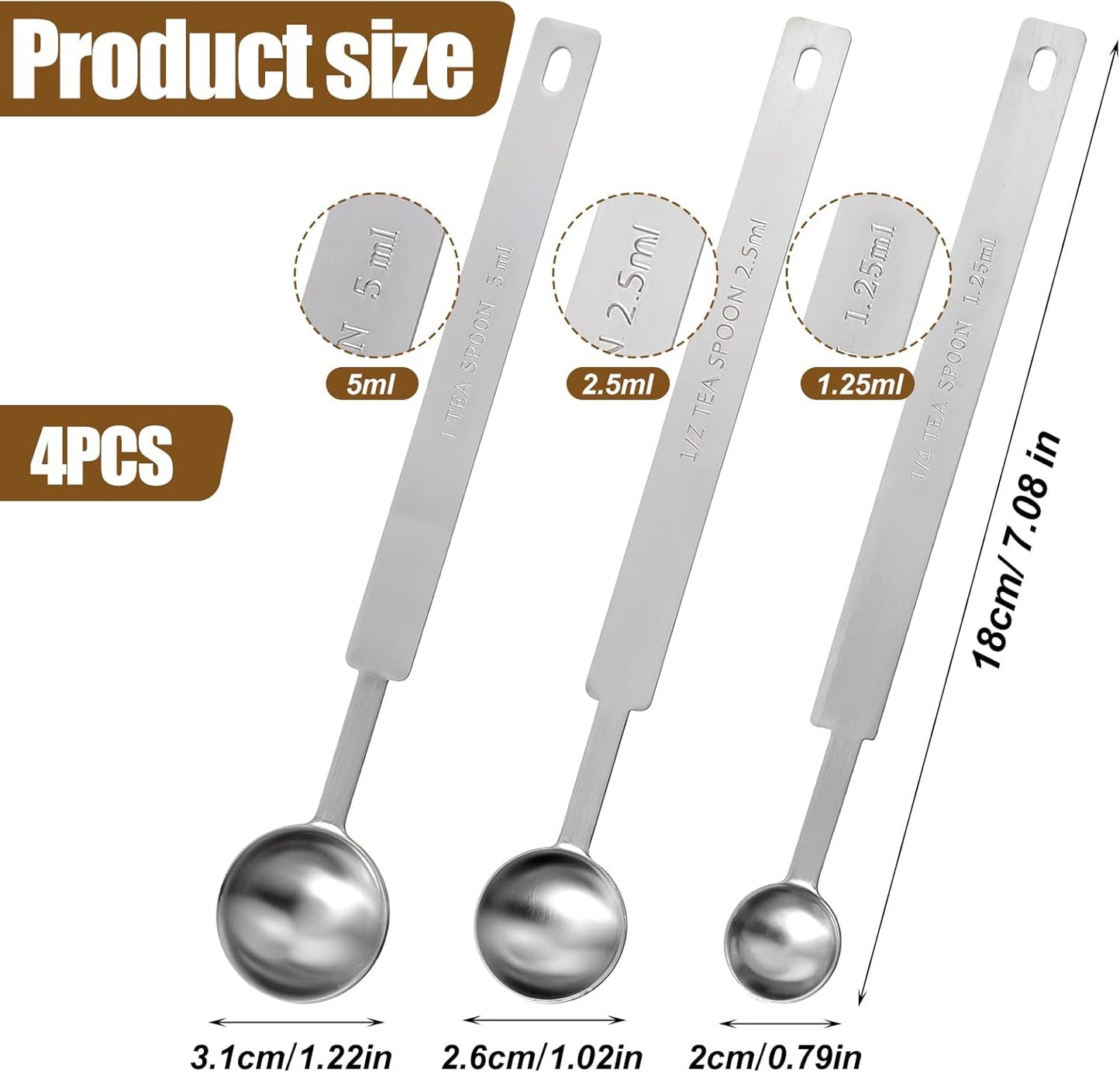 Oruola 4pcs Teaspoons Measuring Spoon,7In Long Handle Measuring Spoons, Stainless Steel Long Measuring Spoons Includes 1/4 tsp, 1/2 tsp, 1 tsp for Accurate Measure Liquid Dry Ingredients Ground Coffee