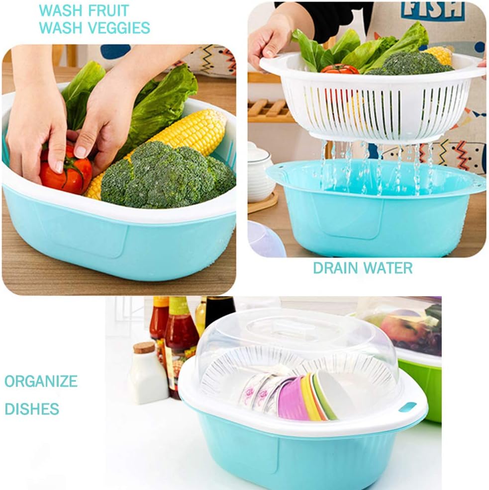 3 in 1 Dish Tub and Colander Set with Lid, Vegetable Washer with Bowl, Dishpan Strainer Basket Lettuce Washer and Dryer - Water Drain and Compact Storage(Blue) - 4 Quarts