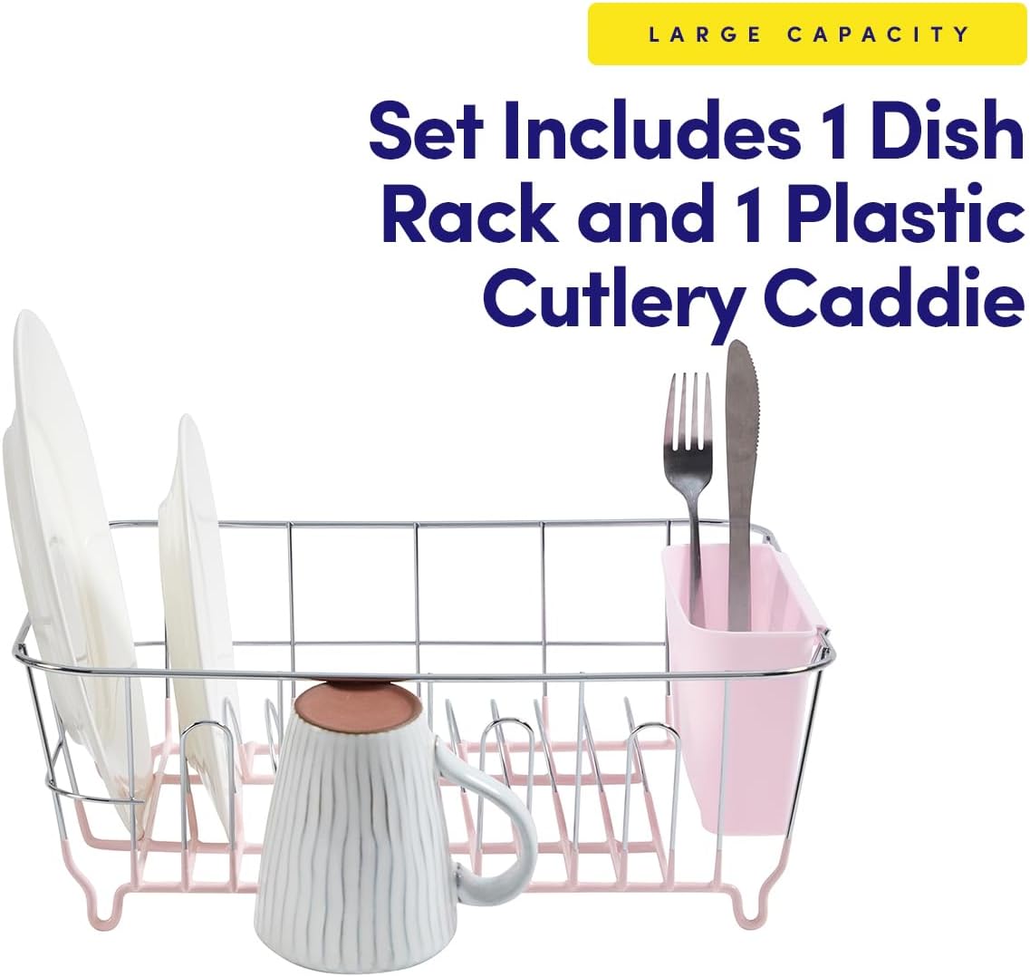 Dish Drying Rack & Cutlery Holder 2 Piece Set - Compact Sink-Fitting Dish Drainer with Rubberized Undercoating, Space-Saving Kitchen Organizer for Plates, Cups, Bowls & Utensils in Sink, Silver