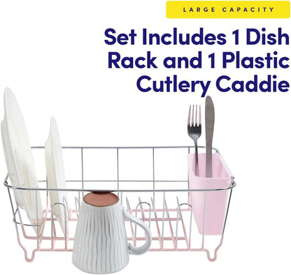 Dish Drying Rack & Cutlery Holder 2 Piece Set - Compact Sink-Fitting Dish Drainer with Rubberized Undercoating, Space-Saving Kitchen Organizer for Plates, Cups, Bowls & Utensils in Sink, Silver
