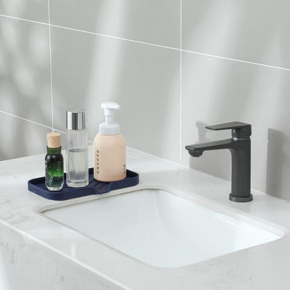 MicoYang Silicone Soap Dish with Drain Spout, Self-Draining Sink Organizer Tray for Bathroom and Kitchen, Sponges, Dispensers and Soap Holder, Non-Slip and Dishwasher Safe, Black (Compact, 4.9"×3.2")