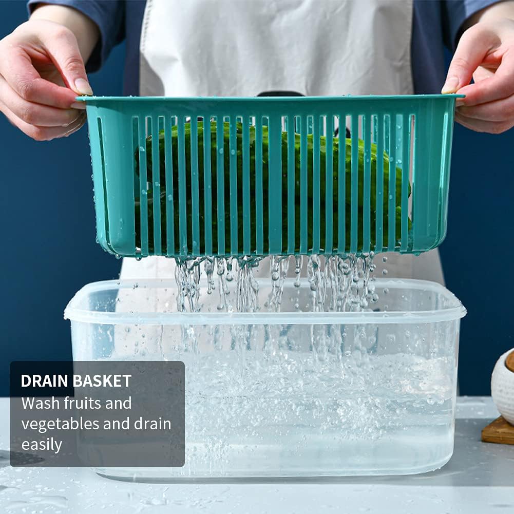 2 Pack Fruit Storage Containers for Fridge,Stackable Fresh Food Produce Saver Containers with Removable Colander, Vegetable Lettuce Keeper Bowl(Blue)