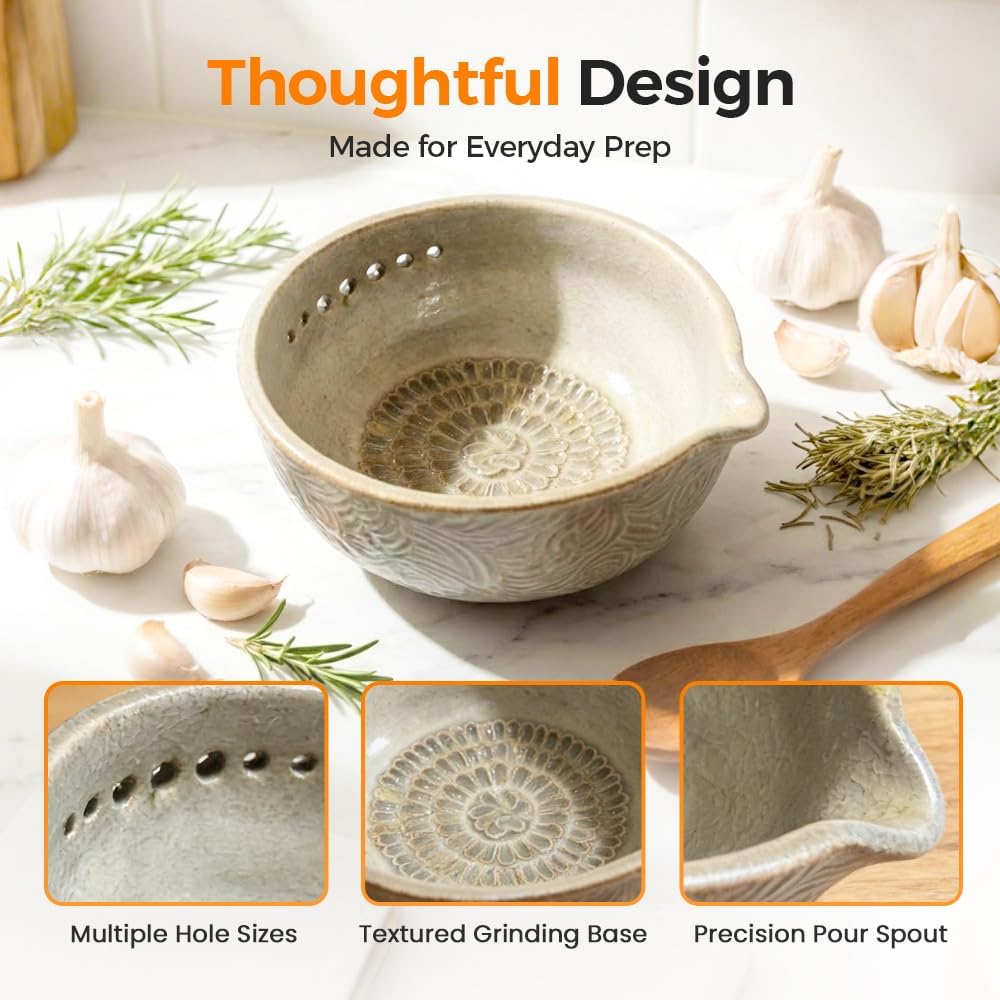 Handmade Garlic Grater and Herb Bowl,Herb Stripper Bowl with Grater,2-in-1 Stoneware Kitchen Prep Tool with 7 Hole Sizes (2 PCS)