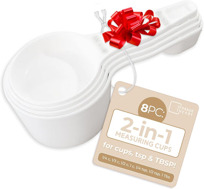 Storage Theory 2-in-1 Measuring Cups & Spoons Set (4-Piece) - Nesting Space-Saving Kitchen Gadget - BPA-Free Food Grade Plastic - Dishwasher Safe for Baking, Cooking, Coffee - White