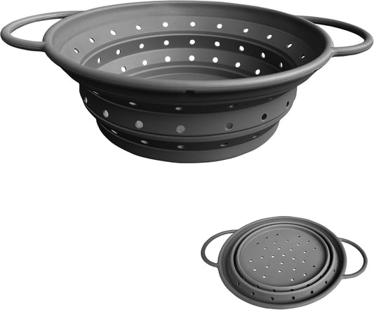 Silicone Collapsible Colander with Handle, Kitchen Colander for Easy Storage,Four-side Fast Draining Silicone Draining Basket, Perfect for Fruits Vegetables (Gray M)