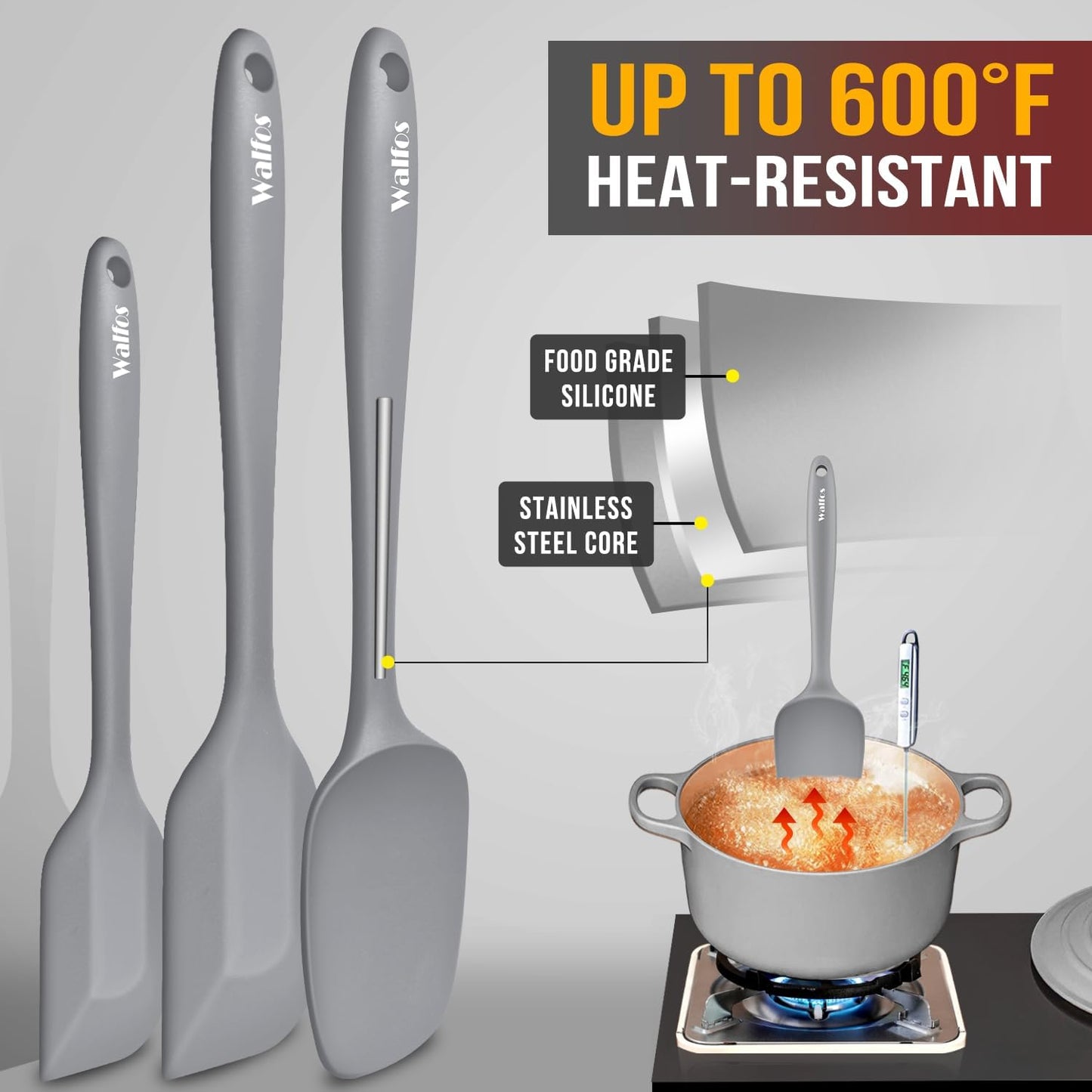 Walfos Silicone Spatula Set of 5 - (600°F) High Heat Resistant Kitchen Scraper Spatulas, One-Pieces Seamless Design, Perfect for Cooking Mixing & Baking - BPA Free and Dishwasher Safe,black