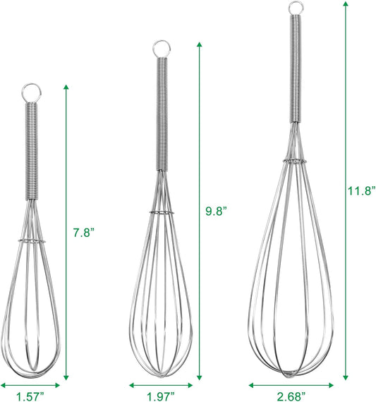 ForTomorrow Stainless Steel Whisk Set - 8"+10"+12" Thin Handle Wisk Balloon Wire Whisks Kitchen Tool for Cooking, Baking, Mixing Blending, Whisking, Beating, Stirring