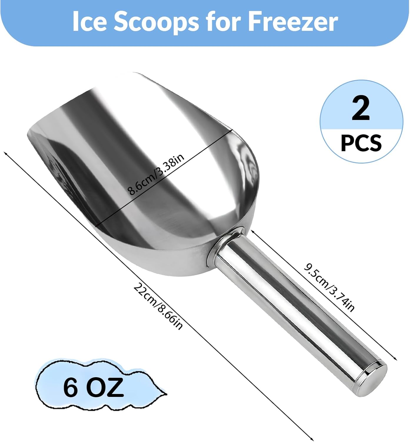 2 Pcs Ice Scoop for Freezer, 6 Oz Metal Ice Scooper, Stainless Steel Small Scoops with Round Bottom for Ice Machine Kitchen Flour Bar Party Wedding Pet Dog Food